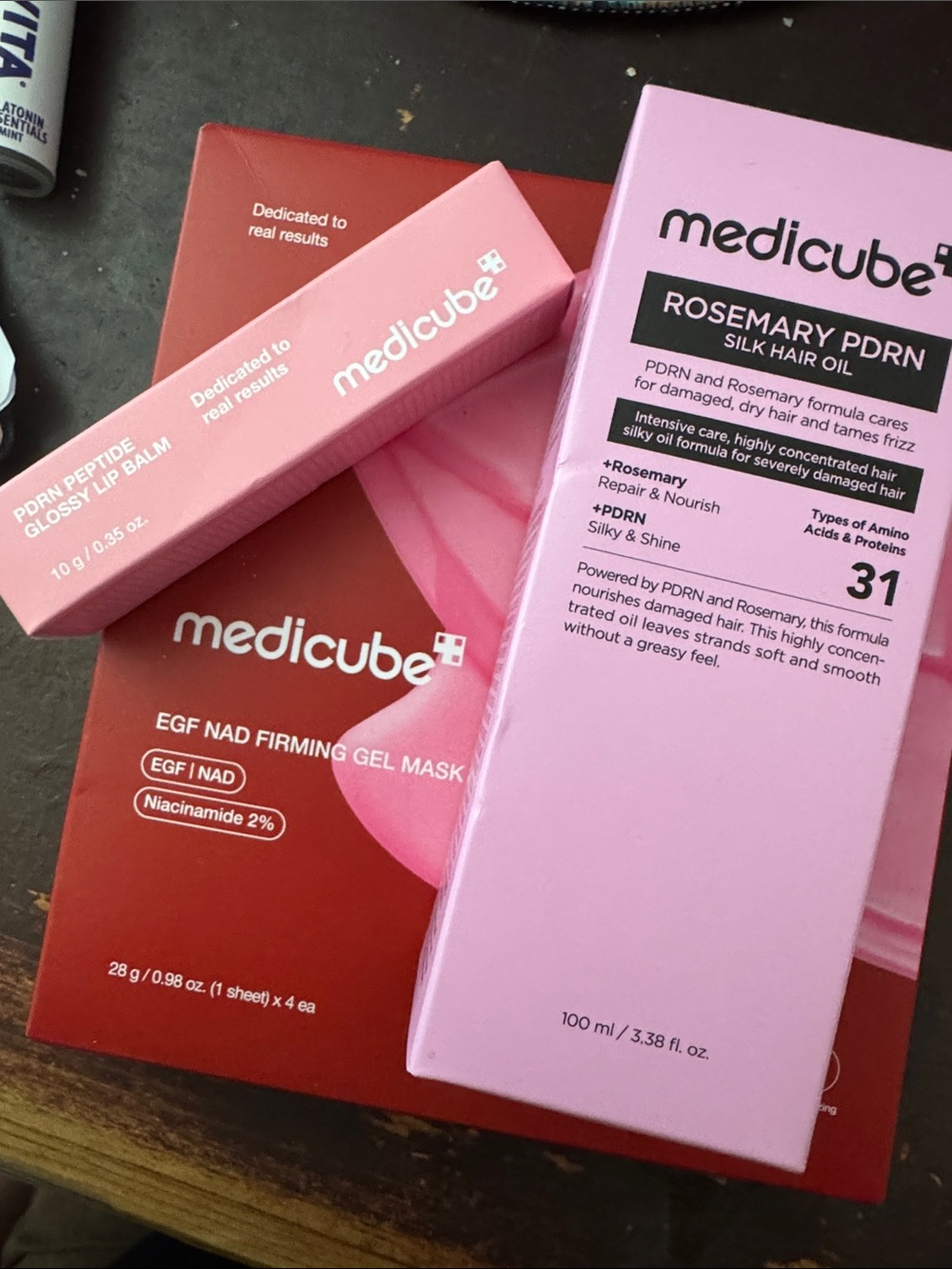 Medicube Bundle: Rosemary PDRN Silk Hair Oil, Nad Firming Gel Mask and Lip Balm